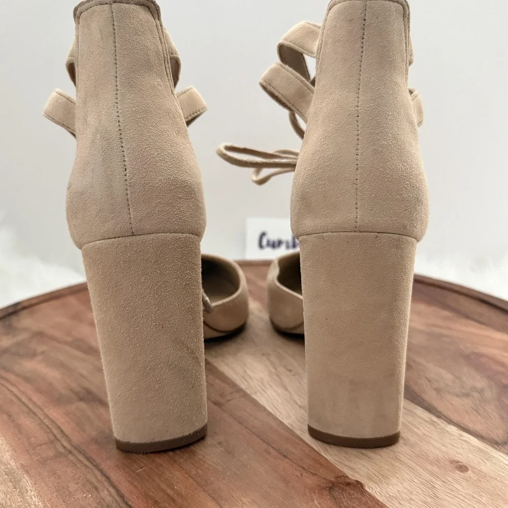 Gianni Bini Bealiina Pumps Womens 7M Tan Excellent Suede Lace Up Block Heel
